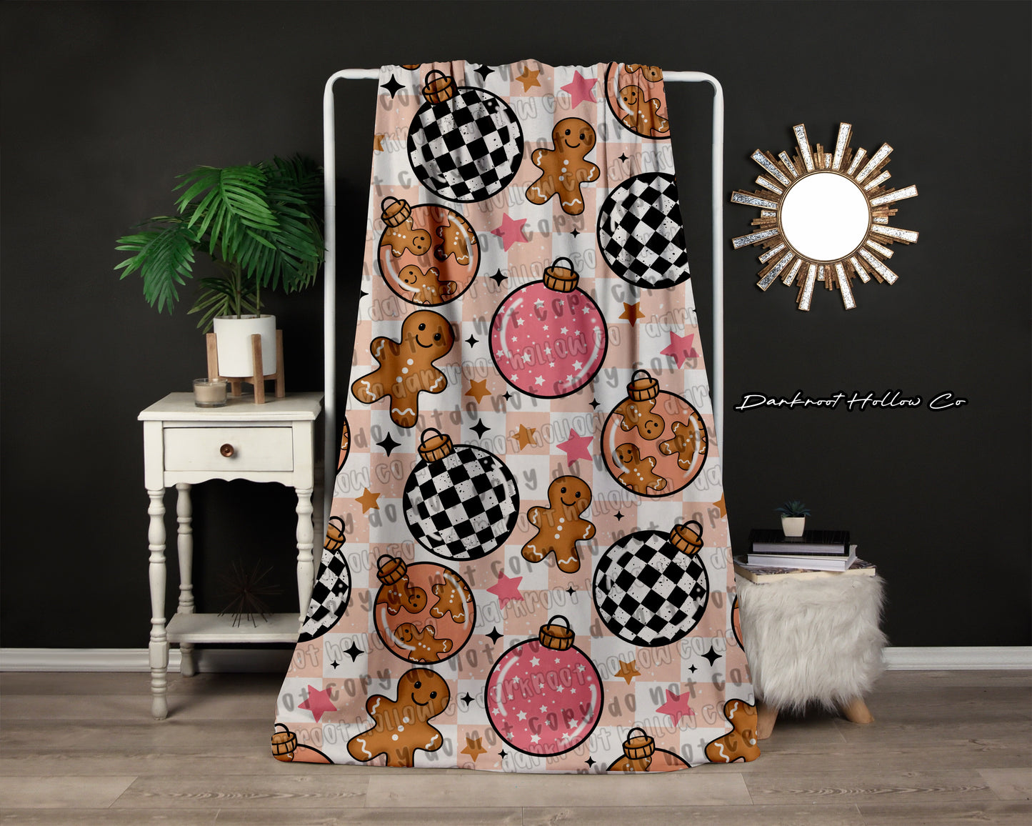 Pink Chex Gingerbread Ornaments Blanket